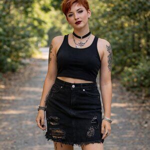 Small faded distressed denim black mini skirt. Frayed hem w/ pockets. Goth. Punk